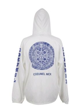 White Cozumel Mexico Hooded Pullover with Blue Aztec Back Print Size Large